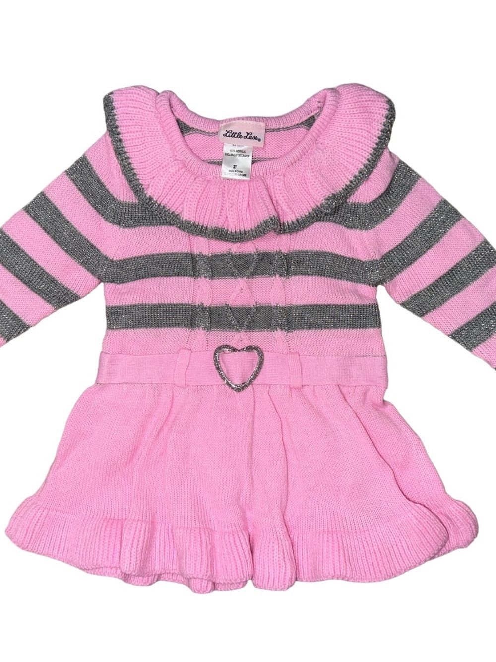 Little Lass Pink and Gray Striped Knit Dress with Ruffle Collar Size 2T